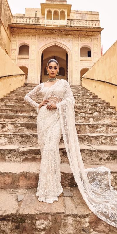 White Butterfly Net With Sequins Work Saree