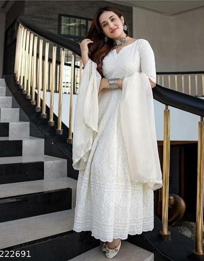 White Cotton Chikan Sevens Lace Work Gown