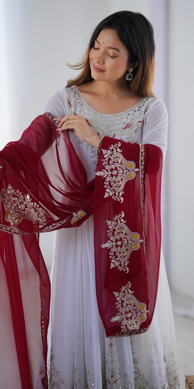 ZF 5008 White Georgette Gown with Embroidery Work. Wedding, Party, Festive, Events, Special Price ₹2049. Delivery 4-6 Working Days. Shop now. | Jump Suits, Salwar suit, Casual Suits, Creative suits, Designer Suits, Palazzo Suits, Party Wear Suits, Patiala Suits, Straight Suits