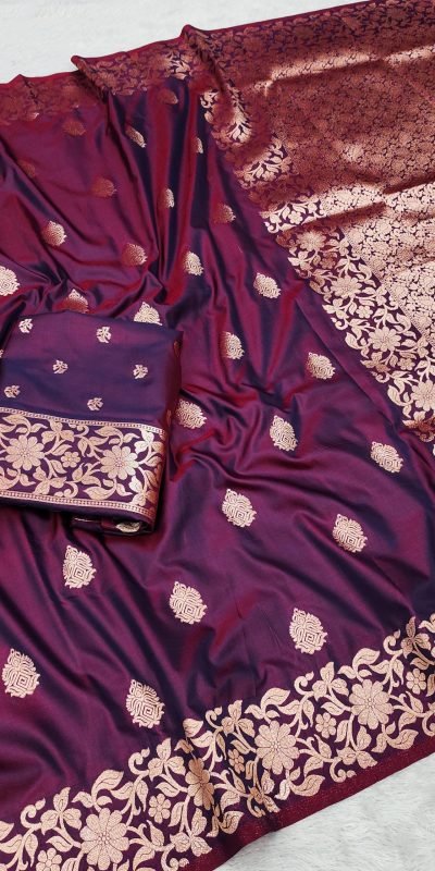 Wine Banarasi Silk Lace Zari Work Saree