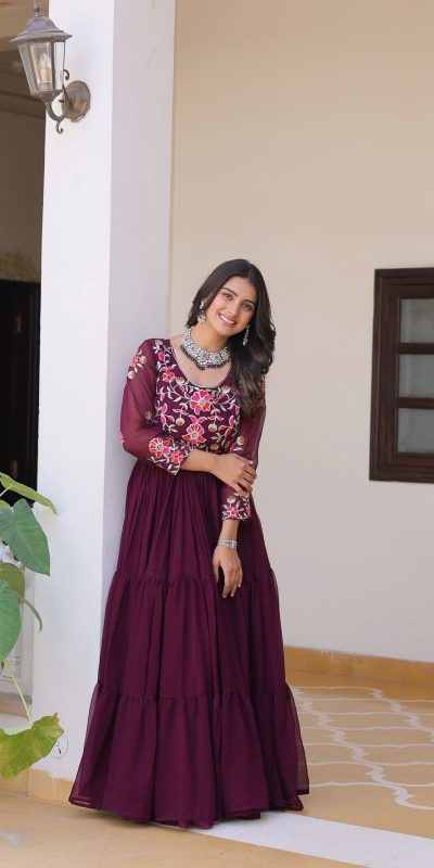 Ram 082 Wine Fox Georgette Gown Perfect for Wedding, Party, Sangeet, Durga Puja, Reception – . Grab it for ₹1849. Delivery 4-6 Working Days. Shop now. | Jump Suits, Salwar suit, Casual Suits, Creative suits, Designer Suits, Palazzo Suits, Party Wear Suits, Patiala Suits, Straight Suits