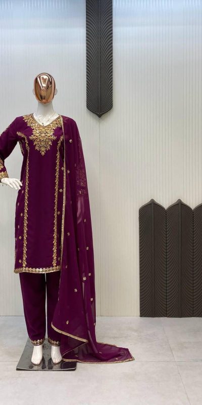 Wine Georgette Embroidery Work Salwar Suit