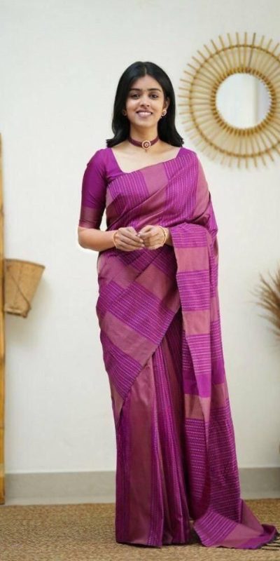 Wine Soft Lichi Silk Rich Pallu Work Border Saree