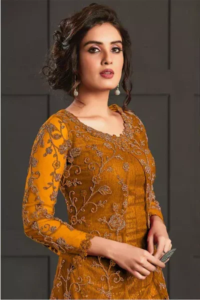 FC 4592 Yellow Net Salwar Suit with Stone Work. Wedding, Party, Festive, Events, Now at just ₹2449. Delivery 4-6 Working Days. Shop now. | Jump Suits, Salwar suit, Casual Suits, Creative suits, Designer Suits, Palazzo Suits, Party Wear Suits, Patiala Suits, Straight Suits