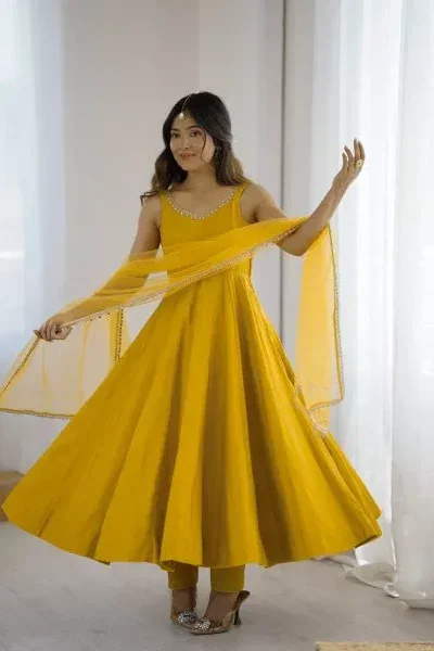 KB 285 Yellow in Roman Silk Chanderi Mirror Work & Lace Work Gown . Best Price ₹1929. Delivery 4-6 Working Days. Shop now. | Jump Suits, Salwar suit, Casual Suits, Creative suits, Designer Suits, Palazzo Suits, Party Wear Suits, Patiala Suits, Straight Suits