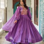 Ram 146 Purple Fendy Silk Gown With Embroidery Work. Special Price ₹2049. Wedding, Party, Festive, Events, Delivery 4-6 Working Days. Shop now. | Gowns, Bollywood Gowns, Creative Gowns, Designer Gowns, Embroidered Gowns, Party Wear Gowns