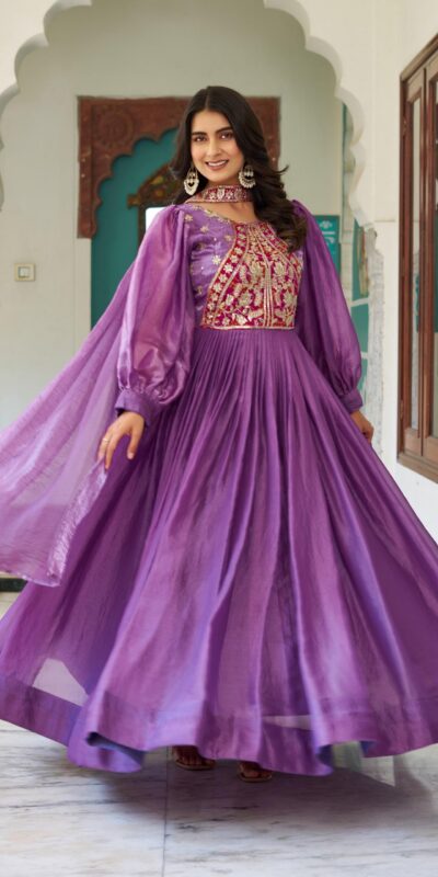 Ram 146 Purple Fendy Silk Gown With Embroidery Work. Special Price ₹2049. Wedding, Party, Festive, Events, Delivery 4-6 Working Days. Shop now. | Gowns, Bollywood Gowns, Creative Gowns, Designer Gowns, Embroidered Gowns, Party Wear Gowns