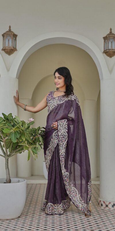 Ram 010 Purple Color Silver Crunchy Saree with Embroidery Work. Special Price ₹2149. Delivery 4-6 Working Days. Shop now. | Designer Sarees, Embroidered Sarees, Sarees, Bollywood Sarees, Creative Sarees, Ethnic Saree, Modern Digital sarees, Party Wear Sarees