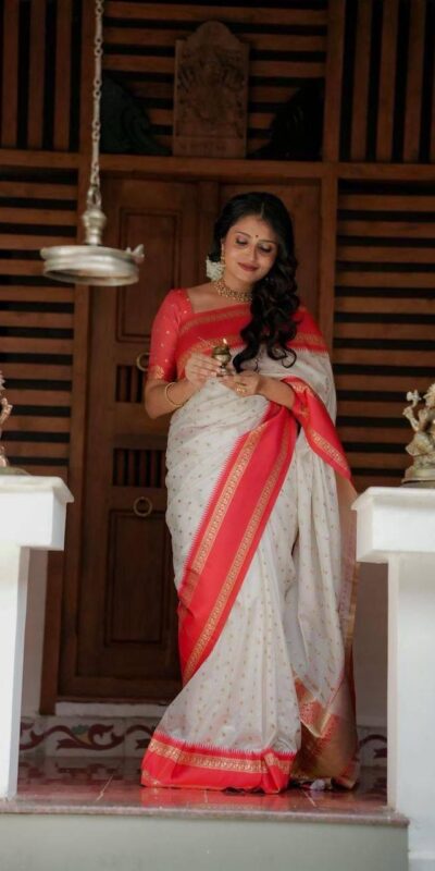 White Lichi Silk Lace Work Saree