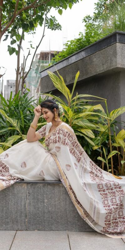 BT 428 White Soft Linen Cotton Saree with Digital Print & Lace Work. Festive Deal ₹1449. Delivery 4-6 Working Days. Shop now. | Designer Sarees, Embroidered Sarees, Sarees, Bollywood Sarees, Creative Sarees, Ethnic Saree, Modern Digital sarees, Party Wear Sarees