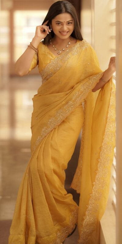 Yellow Soft Gold Crush Embroidery Work Saree