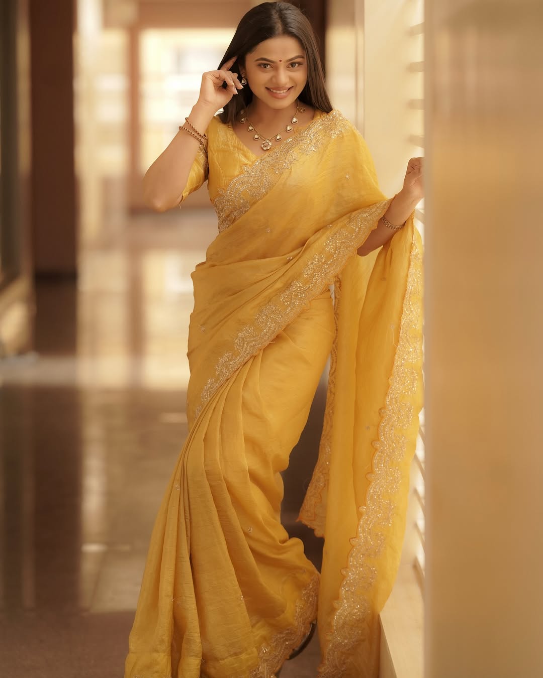 Yellow Soft Gold Crush Embroidery Work Saree
