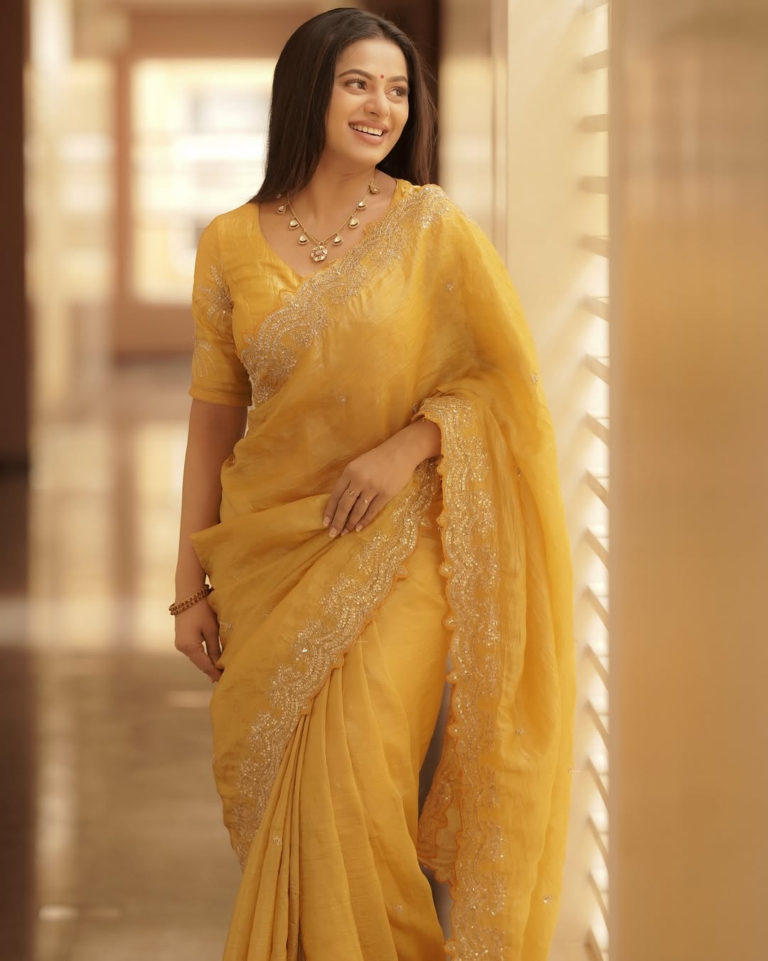 Yellow Soft Gold Crush Embroidery Work Saree - Image 3