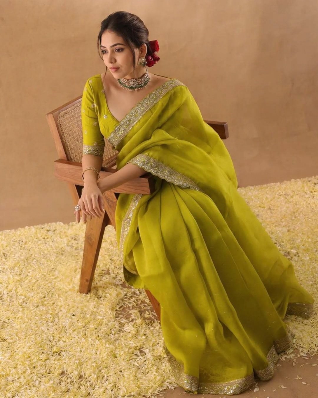 Mehendi Organza Silk With Embroidery Work Saree