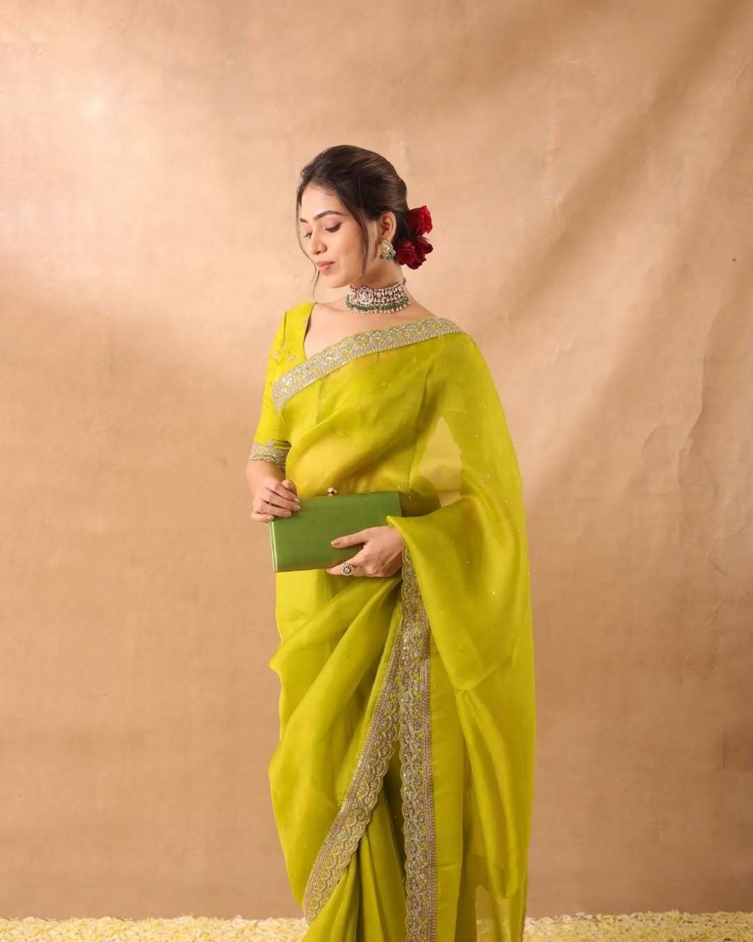 Mehendi Organza Silk With Embroidery Work Saree - Image 4