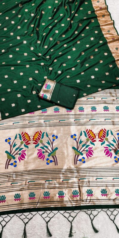 Dark Green Paithani Silk Lace Zari Work Saree