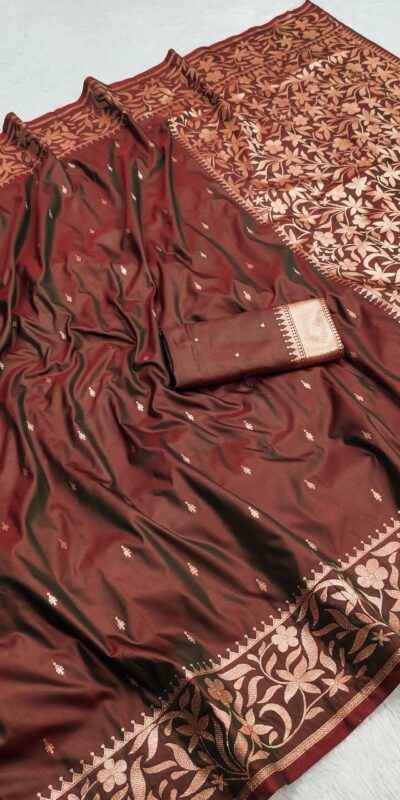 Brown Banarasi Silk Zari Weaving Lace Work Saree