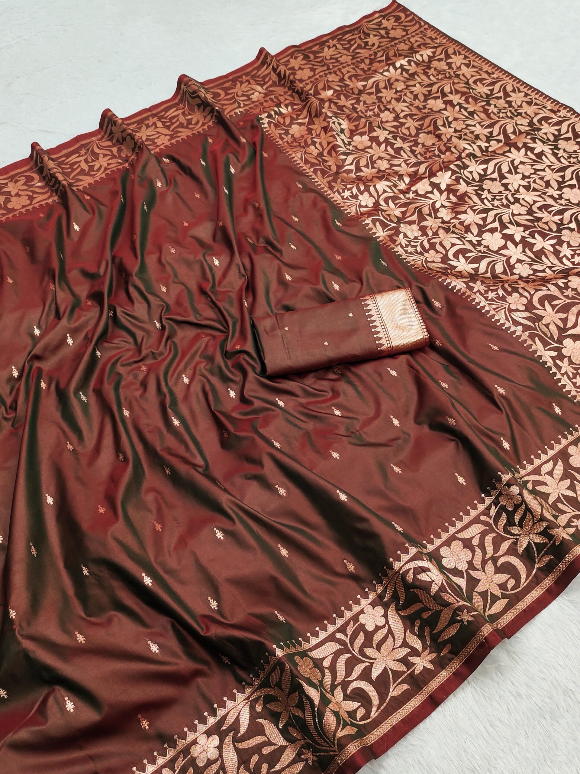 Brown Banarasi Silk Zari Weaving Lace Work Saree