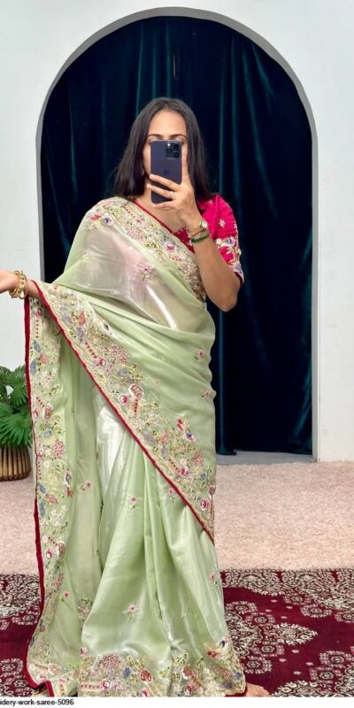 Pista Organza Silk Embroidery Cut Work Saree