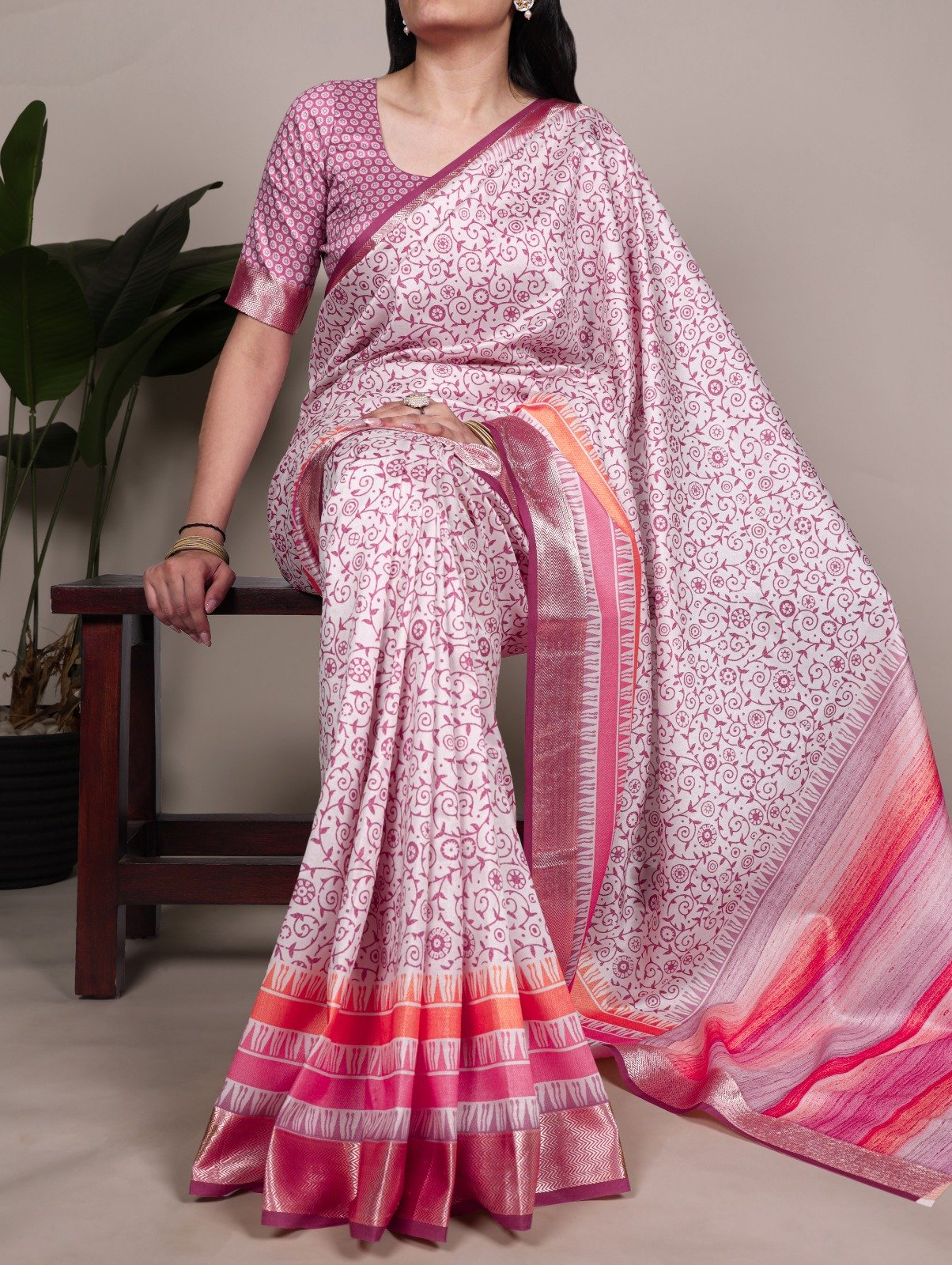 Light Pink Tasar Silk With Printed Viscose Border Saree