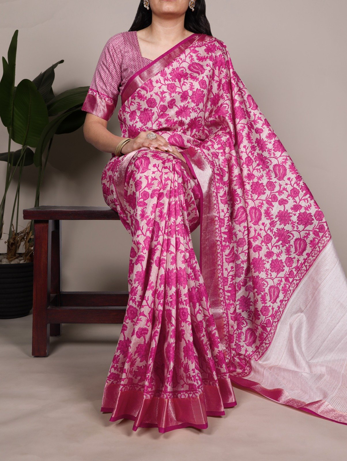 Pink Tasar Silk With Printed Viscose Border Saree