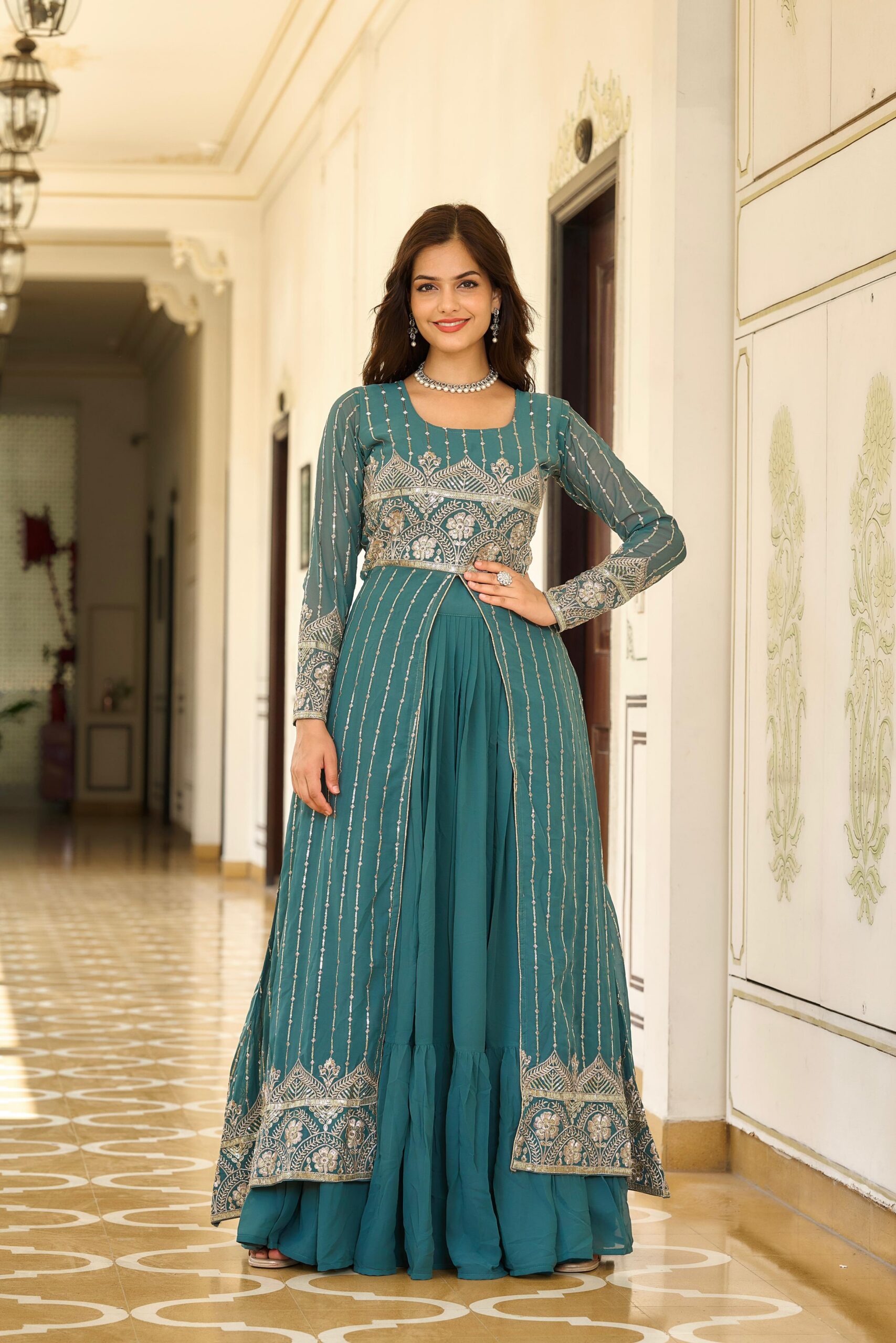 Teal Fox Georgette Embroidery Work Lehenga Choli