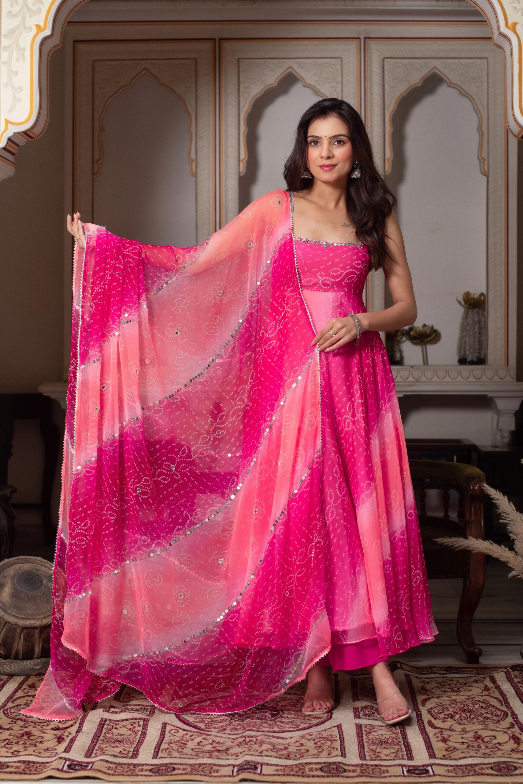Pink Faux Georgette Mirror Work Digital Print Salawar Suit - Image 2