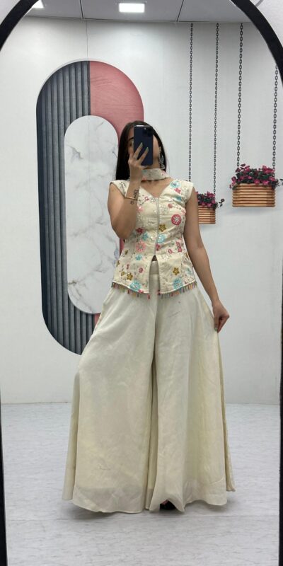 Off White Tissue Simmer Embroidery Work Salwar Suit