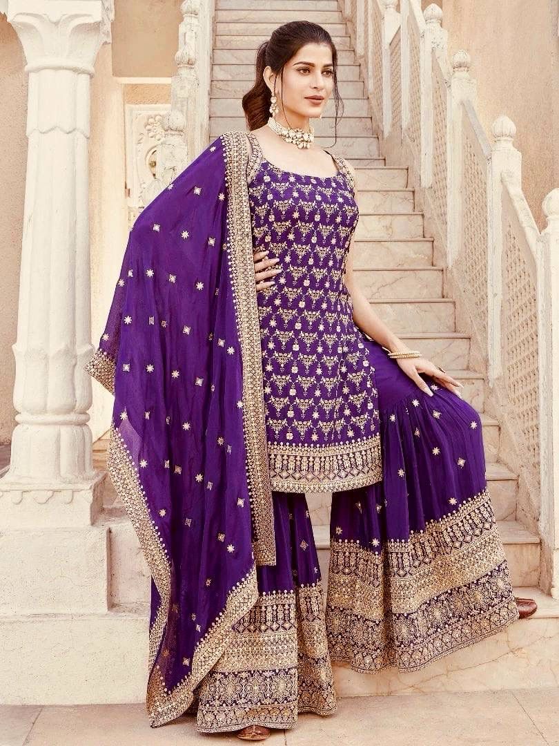Purple Faux Georgette thread Lace Work Salwar Suit