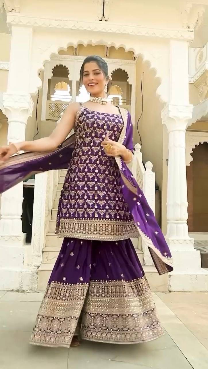 Purple Faux Georgette thread Lace Work Salwar Suit - Image 2