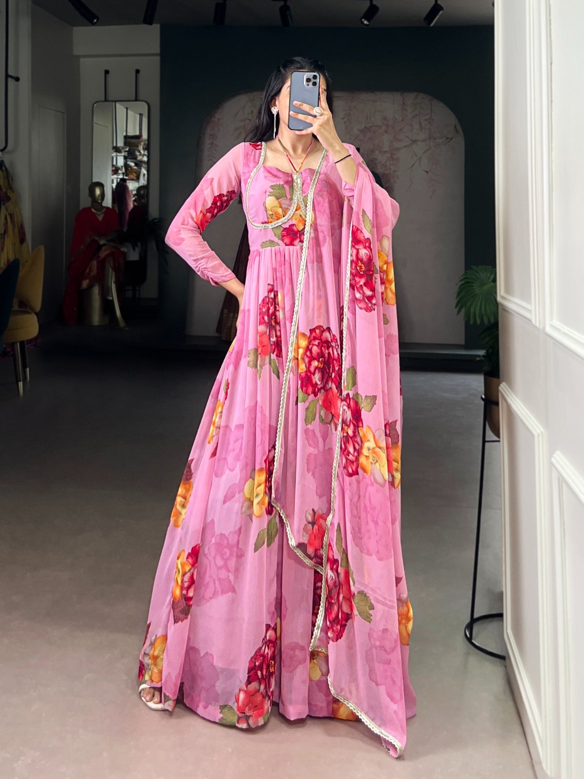 Pink Chiffon Floral Print Lace Work Gown