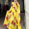 Yellow Chiffon Floral Print Lace Work Gown