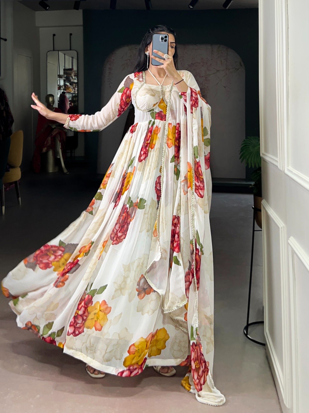 White Chiffon Floral Print Lace Work Gown - Image 2