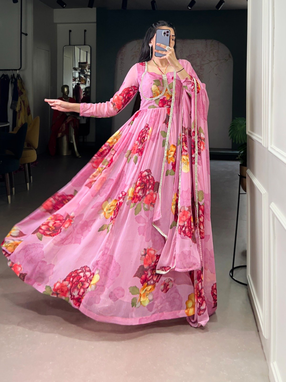 Pink Chiffon Floral Print Lace Work Gown - Image 2