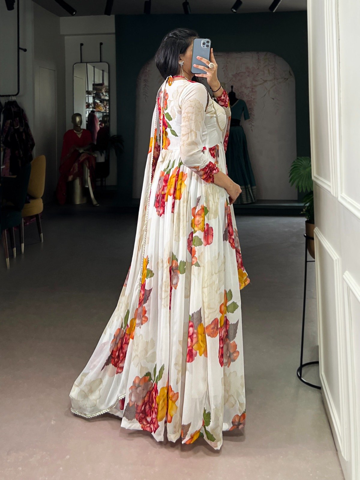 White Chiffon Floral Print Lace Work Gown - Image 3