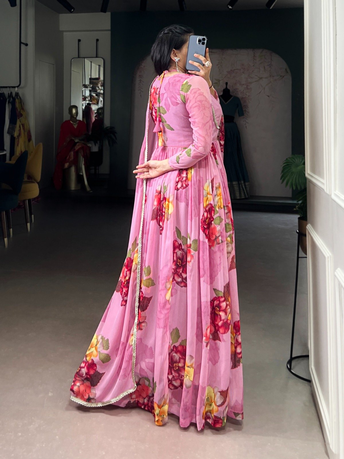 Pink Chiffon Floral Print Lace Work Gown - Image 3