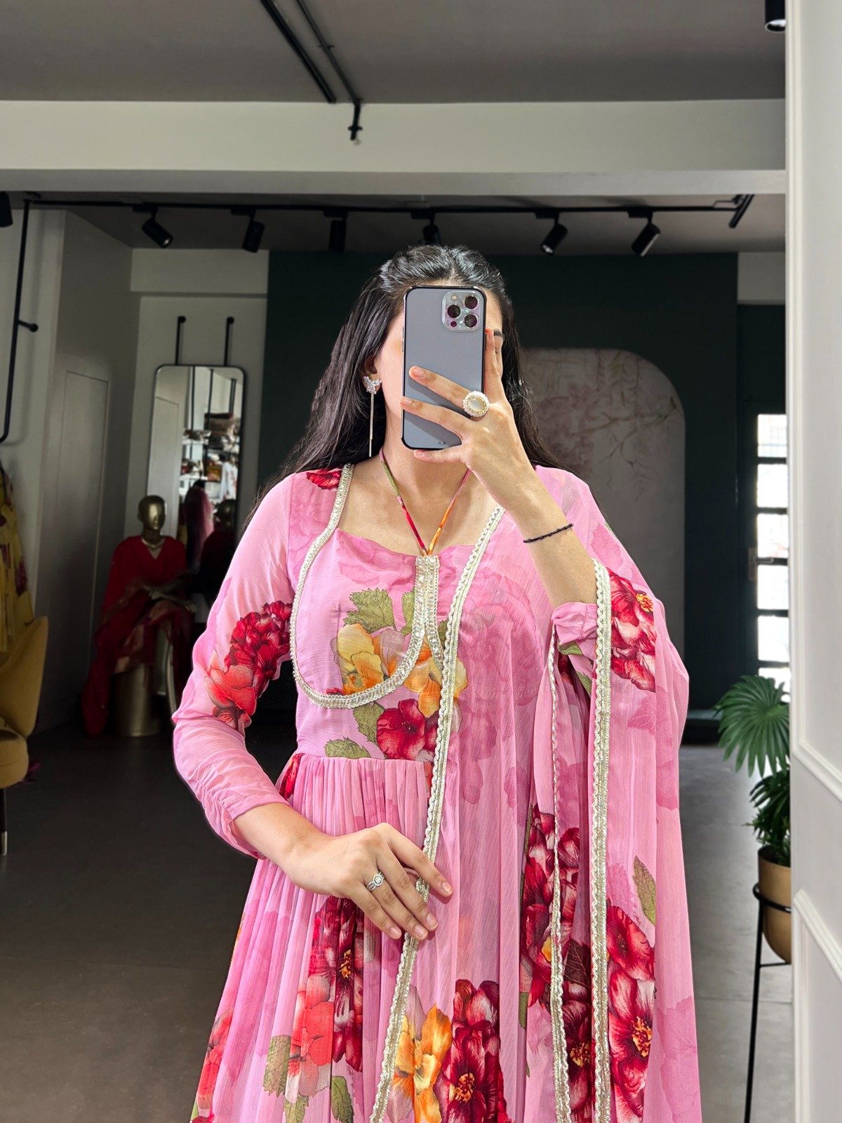 Pink Chiffon Floral Print Lace Work Gown - Image 4