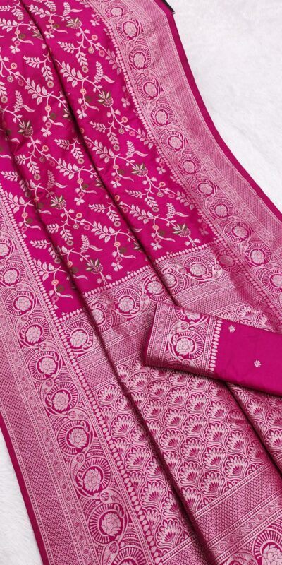 Pink Khaddi Pashmina Floral Print Zari Work Saree
