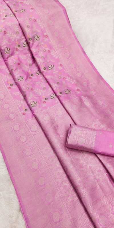Light Pink Khaddi Pashmina Floral Print Zari Work Saree