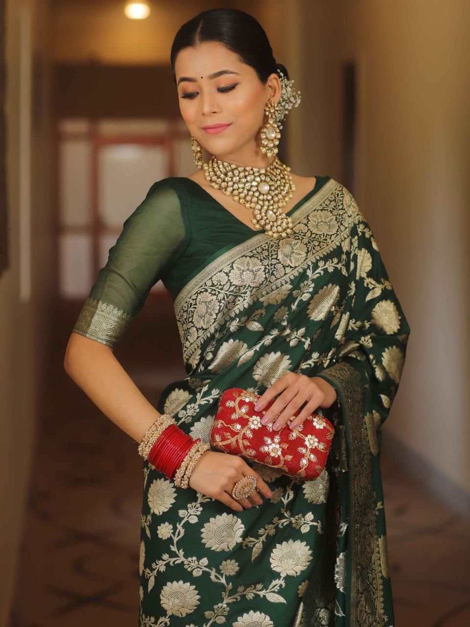 Green Soft Lichi Silk All Over Work Saree - Image 4