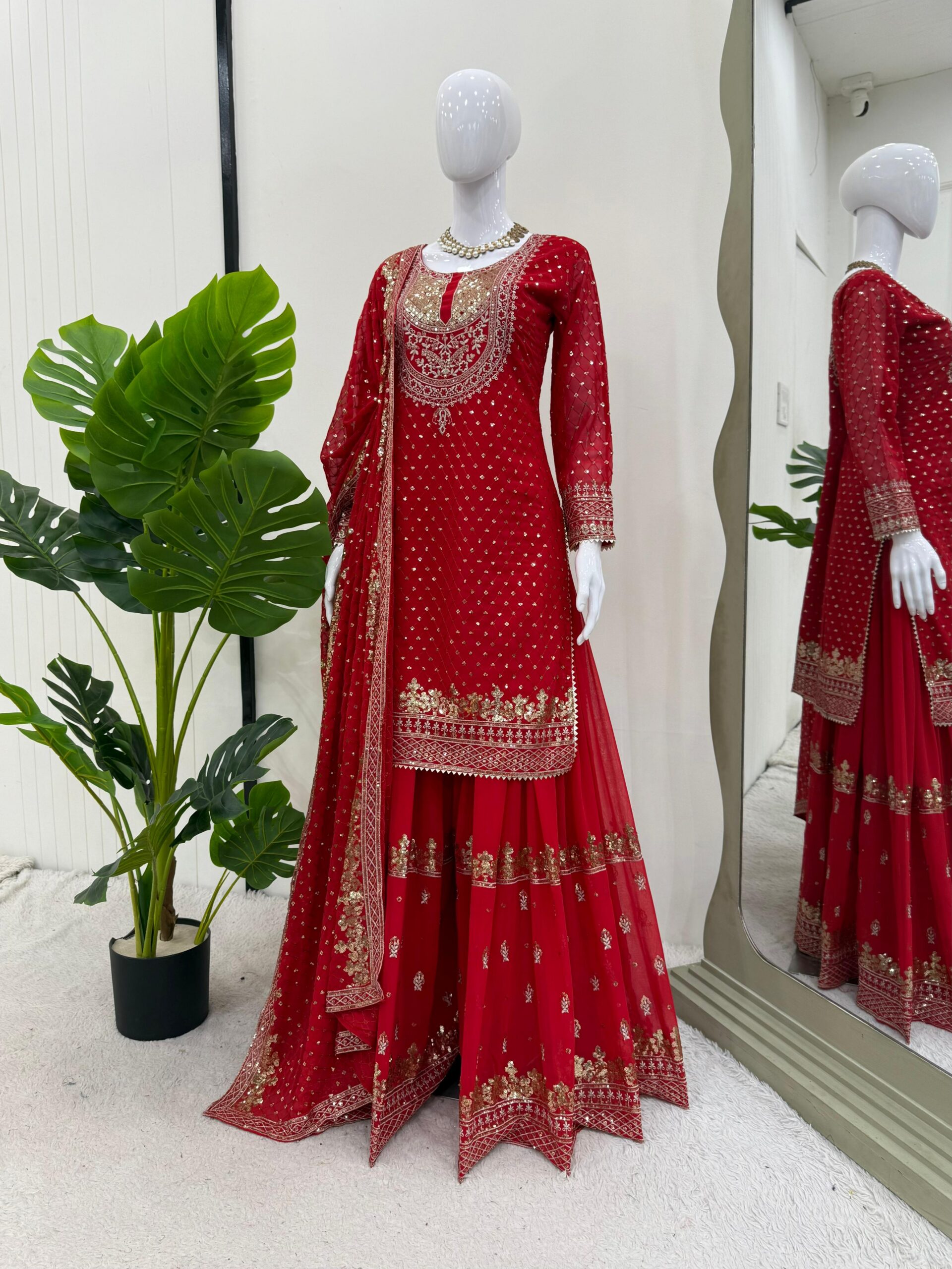Red Faux Georgette Thread Work Salwar Suit - Image 2