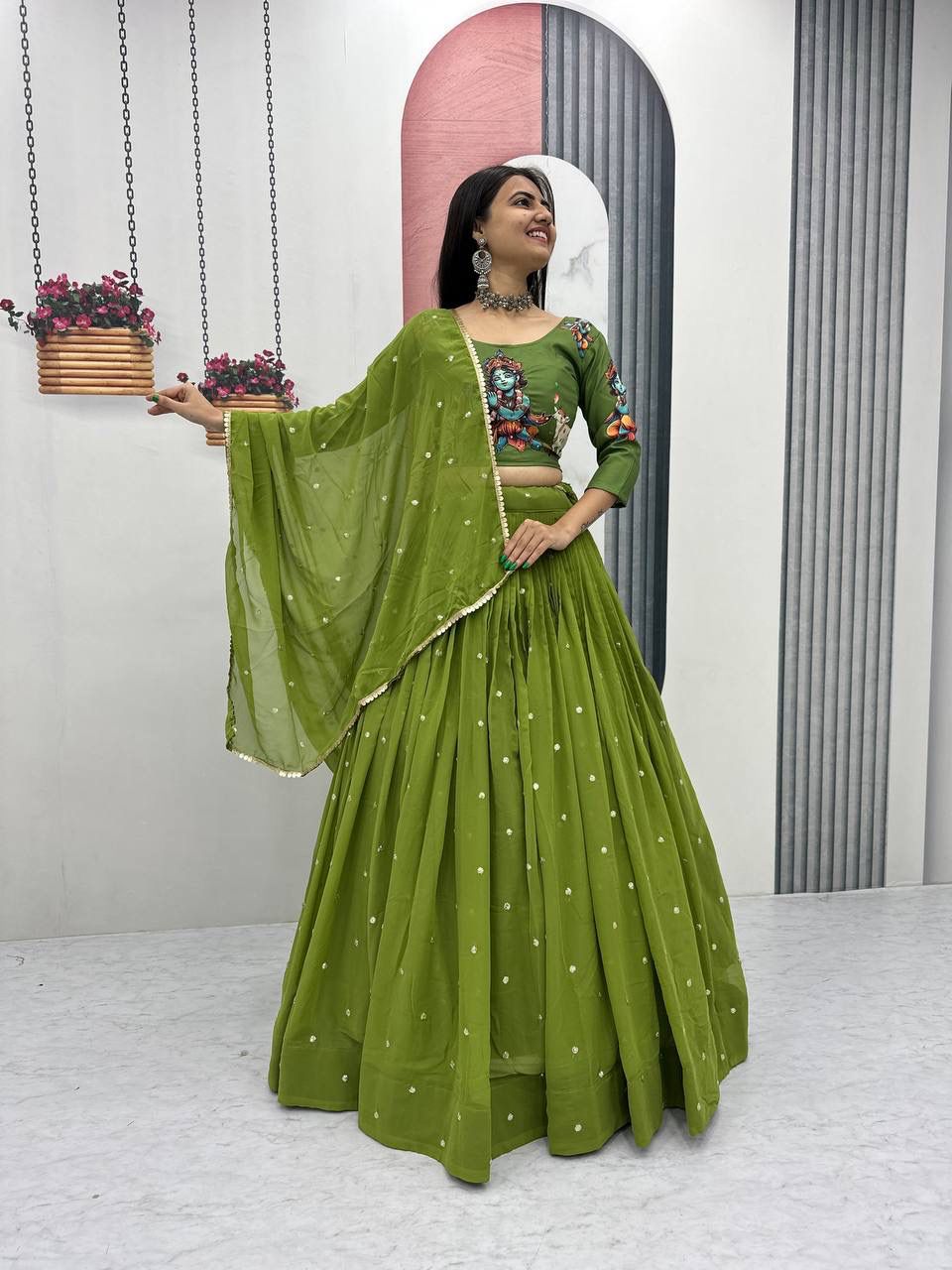 Green Cotton Kalamkari Embroidery Work Lehenga Choli
