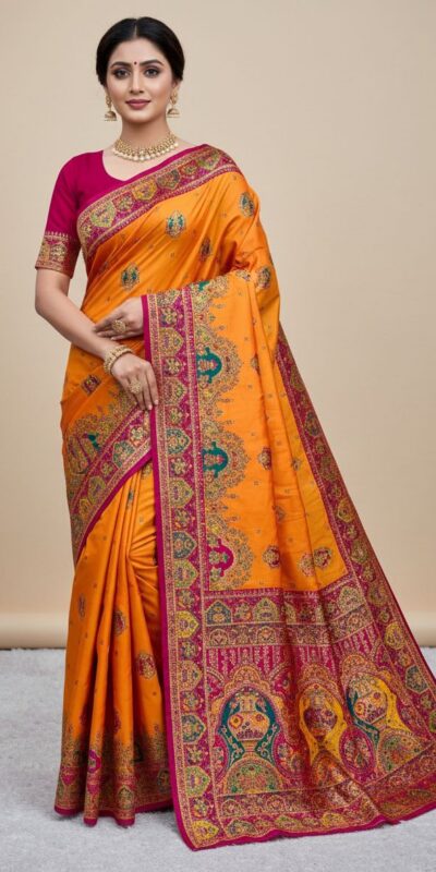 Yellow Paithani Silk Border Lace Work Saree