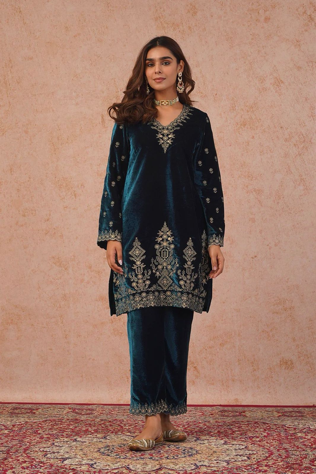 Peacock Blue Viscose Velvet Intricate Thread Salwar Suit - Image 2