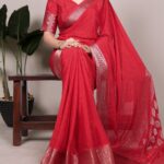 Red Chinon Zari Weaving Work Saree