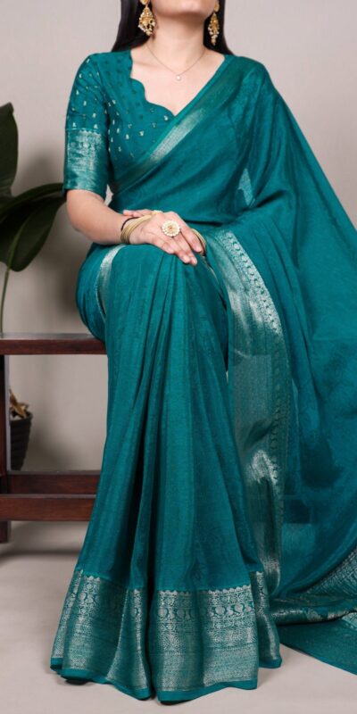 Teal Chinon Zari Weaving Work Saree