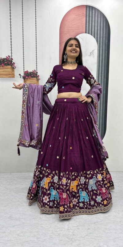 Wine Vichitra Silk Lace Border Work Lehenga Choli
