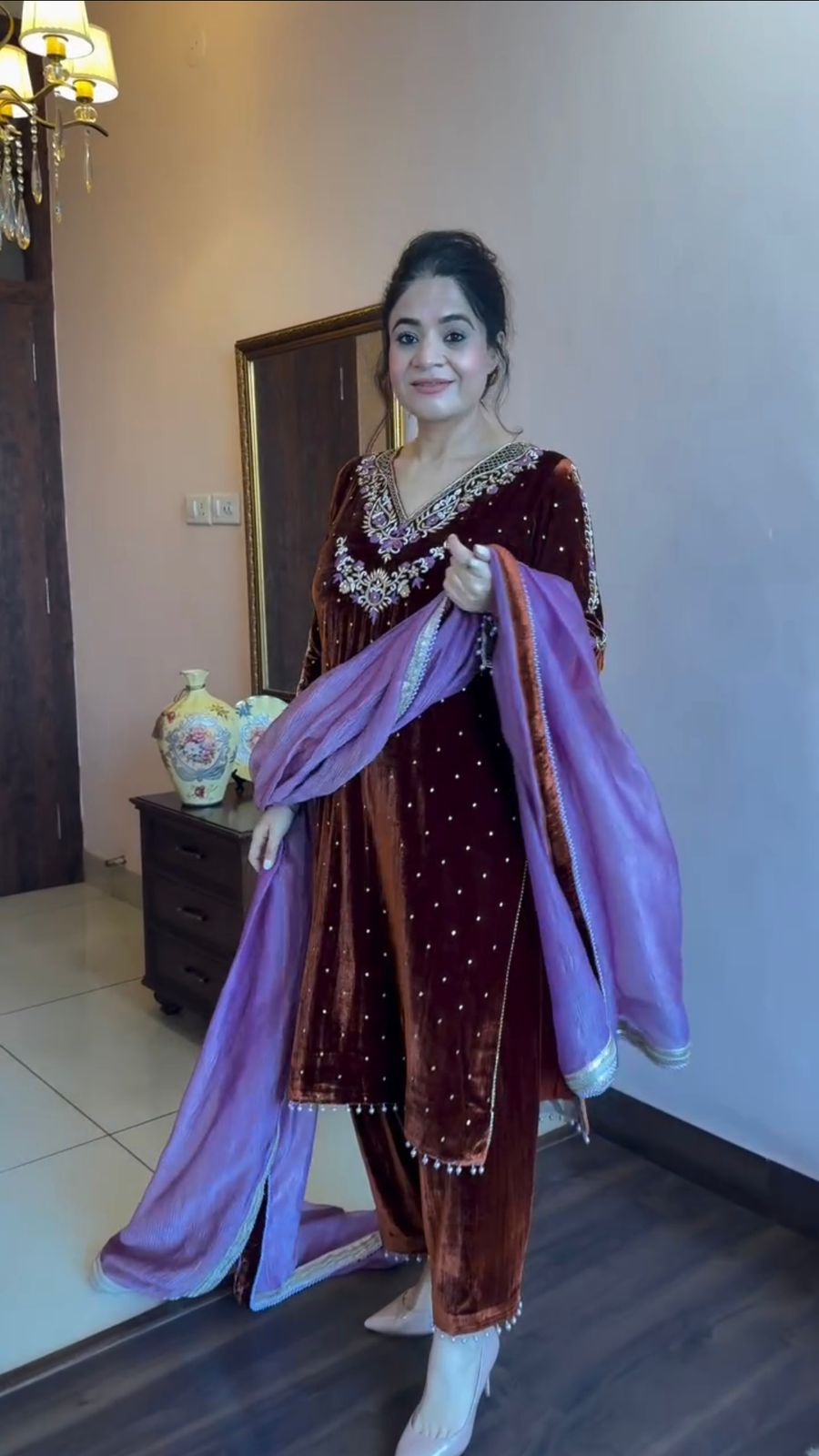 Brown Velvet Bead Embroidery Work Salwar Suit - Image 5