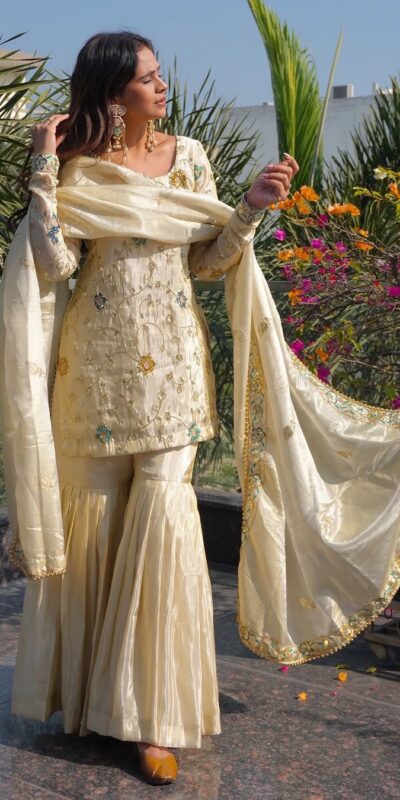 Off White Chinnon Embroidery Work Salwar Suit