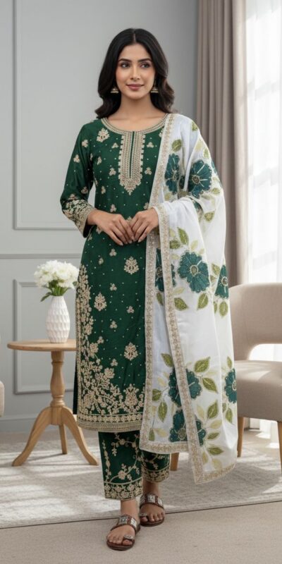 Green Organza Silk Lace Embroidery Work Salwar Suit